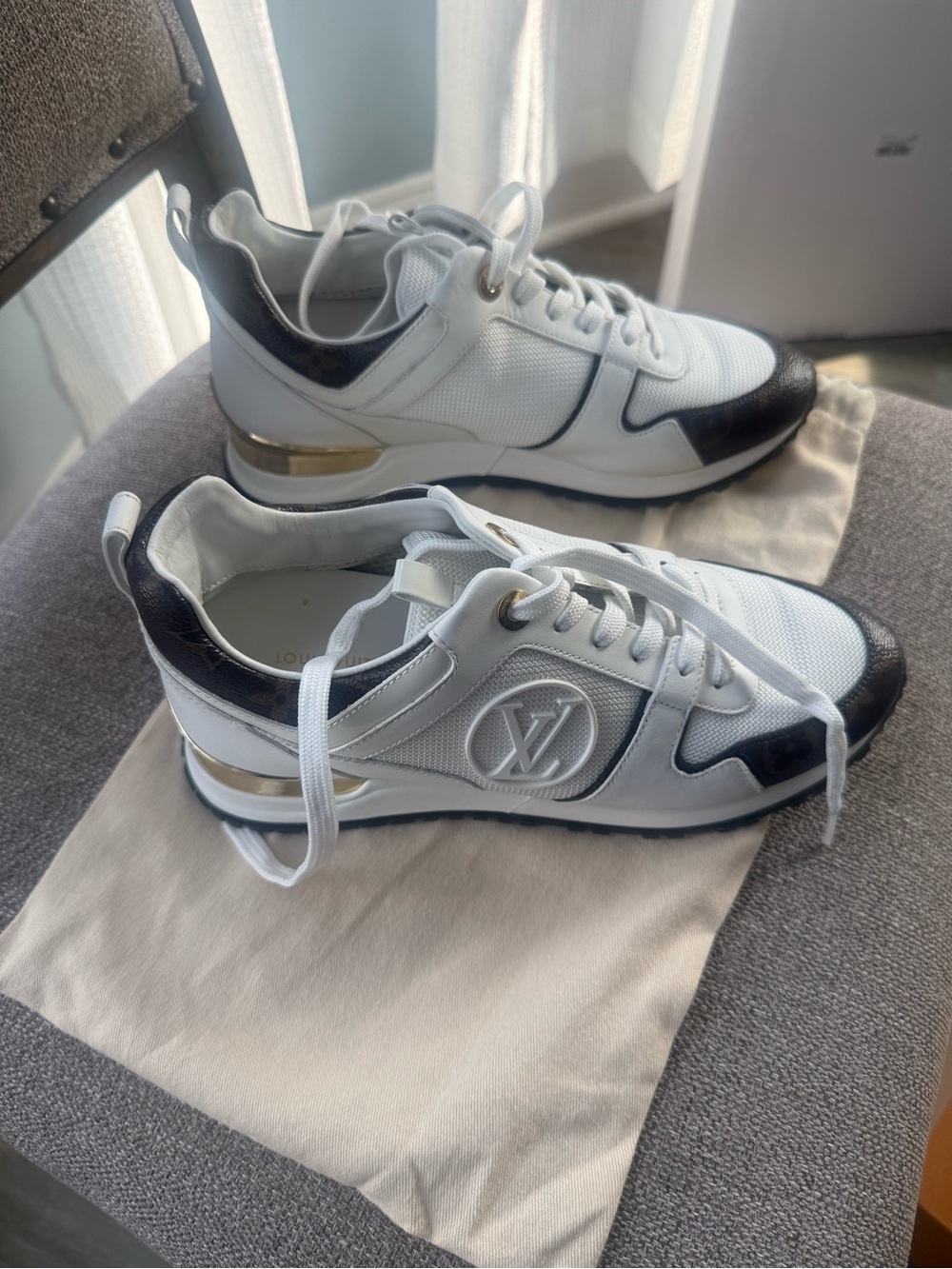 Louis Vuitton White & brown Womens Runner Sneakers with Gold Accent